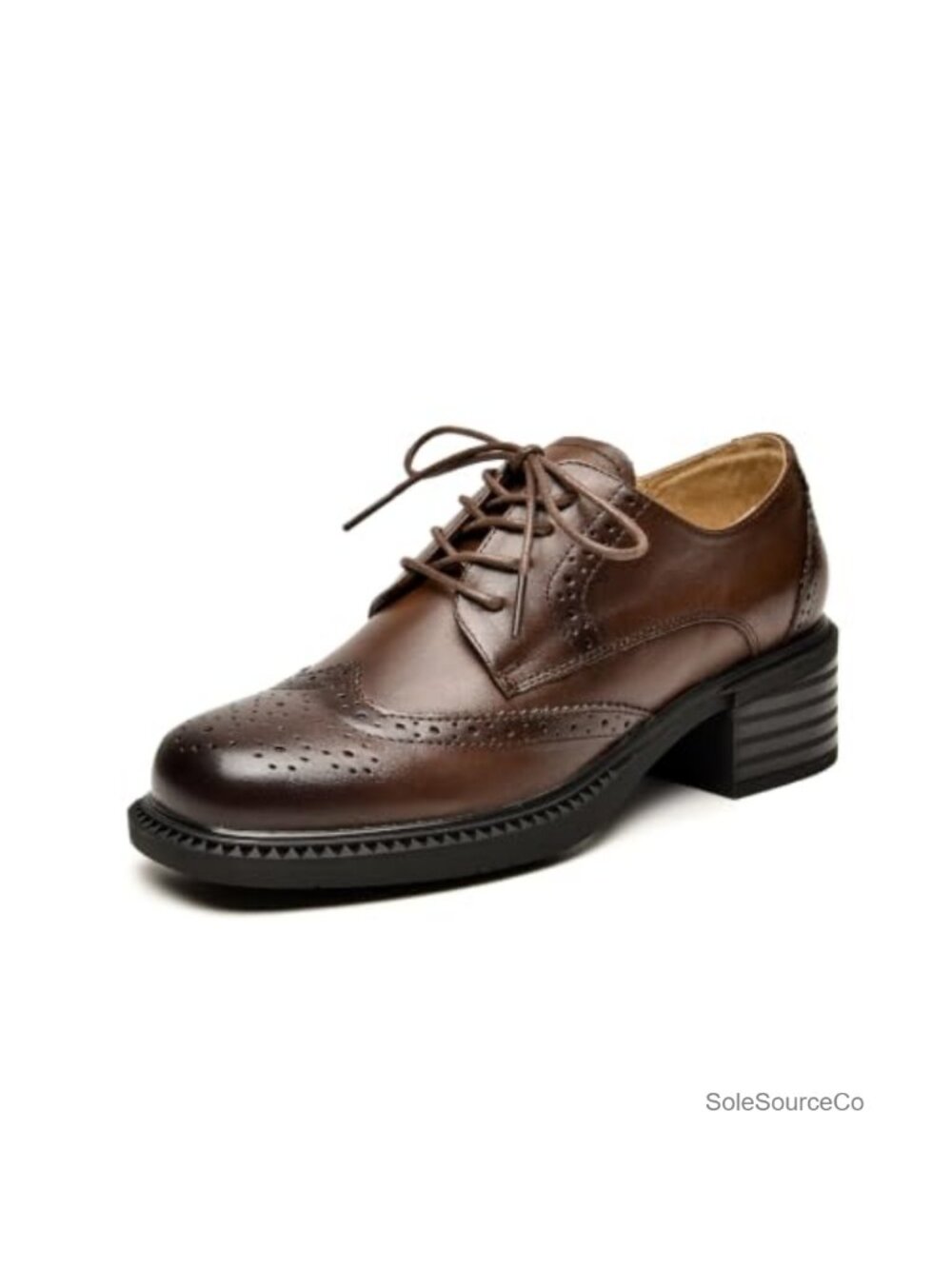 Leather Wingtip Brogue Oxford Heeled Shoes Block Heel Lace Up
